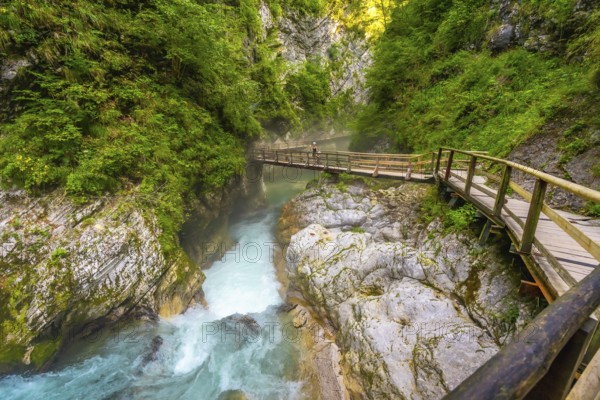 Wooden tourist pathway over the radovna river flowing through the vintgar gorge near bled in slovenia