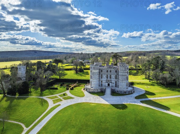 Lulworth Castle from a drone, Lulworth Estate, Camp Bestival, East Lulworth, Dorset, England, United Kingdom, Europe