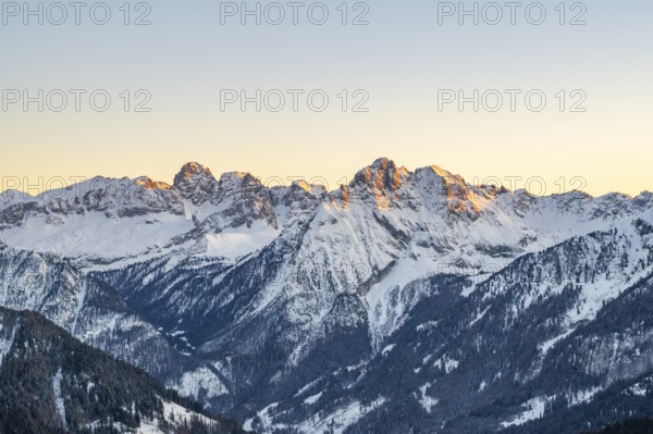 Beautiful landscape of the Mountain silhouettes of the Sexten Dolomites on a sunny winter day, South Tyrol, Trentino-South Tyrol, Alto-Adige, Italy, Europe