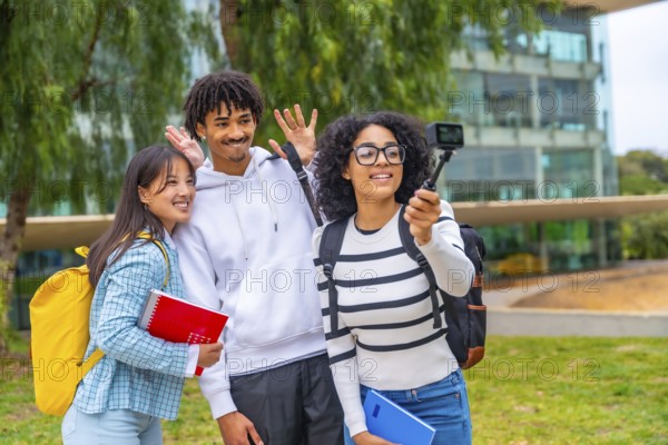 Three multi-ethnic students waving while recording a video with a wearable camera standing outside the campus