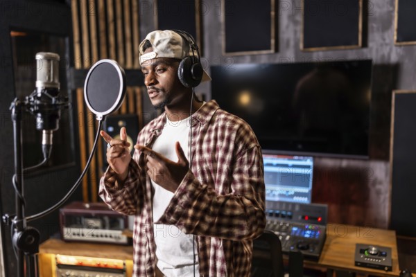 Young man recording vibrant vocals for an exciting new pop music album in a state of the art professional recording studio