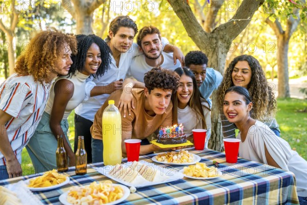 Young caucasian man blowing candles of birthday cake during picnic with multi-ethnic friends in a public park