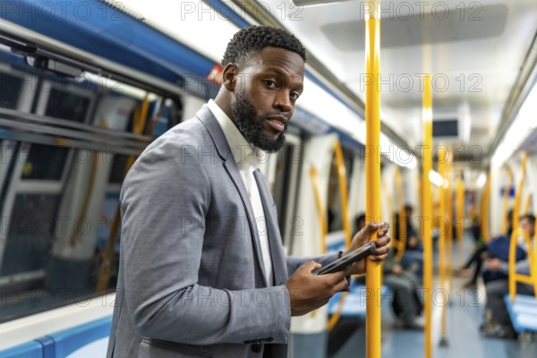 Young businessman commuting on a subway train, using a smartphone for browsing social media and staying connected while traveling
