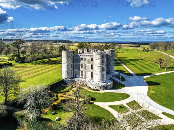 Lulworth Castle from a drone, Lulworth Estate, Camp Bestival, East Lulworth, Dorset, England, United Kingdom, Europe