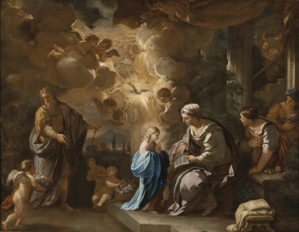 The Education of the Virgin, painting made by Luca Giordano (Italian, 1634-1705), historically, digitally restored reproduction of a 17th-century original, exact date unknown, The Education of the Virgin, painting made by Luca Giordano (Italian, Historically, digitally restored reproduction of a 17th-century original, exact date unknown