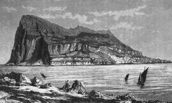 Rock of Gibraltar, view from north-west of Europe, British overseas territory on the Iberian Peninsula, houses on the mountainside, Strait of Gibraltar, sailing boats, geography, historical illustration 1888