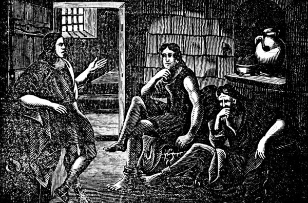 The innocent Joseph in prison at Pharaoh's court, dungeon in the cellar, woman of Pothibar accuses Joseph, injustice, lie, cell, group of men, jug of water, First Book of Moses, Egypt, Genesis, woodcut, Christoph Schmid's Biblical History 1831, Africa
