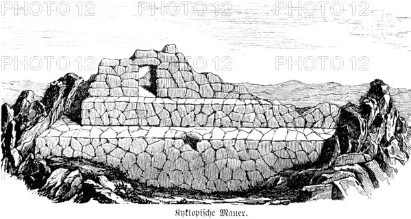 Cyclopean wall or cyclopean masonry (opus siliceum), wall made of irregular stones or rocks, with polygonal visible surface but smooth surface, widespread in the Mediterranean area since the Neolithic Age, craft, masonry, history of mankind, historical illustration 1880