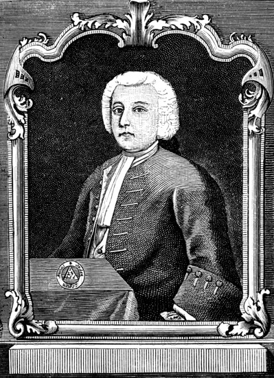 Christoph Gottlieb Schröter (1699 Hohenstein, 1782 Nordhausen) portrait, organist, composer and designer of the fortepiano, hammer action with touch from above or below, called fortepiano, later pianoforte, history of German music, historical illustration 1892