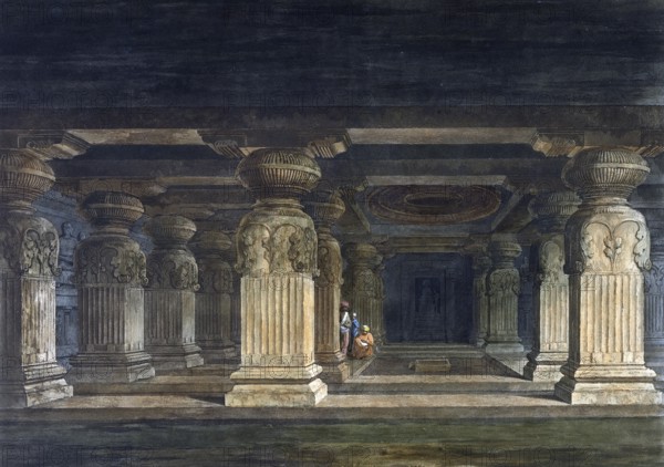 Indra Sabha, a Jain cave north of the Kailash temple in Ellora, known as Indrasabha. It is the largest and most beautiful of all Jain temples in Ellora, India, ca 1880, digitally enhanced reproduction of a 19th century model, Asia