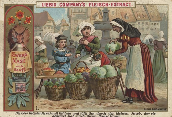 Picture series Dwarf Nose, 1, The evil herb witch buys cabbage and has it carried home by little Jacob, who has annoyed her, Liebig picture, digitally restored reproduction of a collector's picture from around 1900, public domain, exact date unknown, scene in a marketplace with woman and children in medieval dress