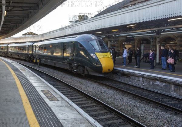 GWR British Rail Class 800 Inter City Express train arriving at platform, Temple Meads railway station, Bristol, England, UK