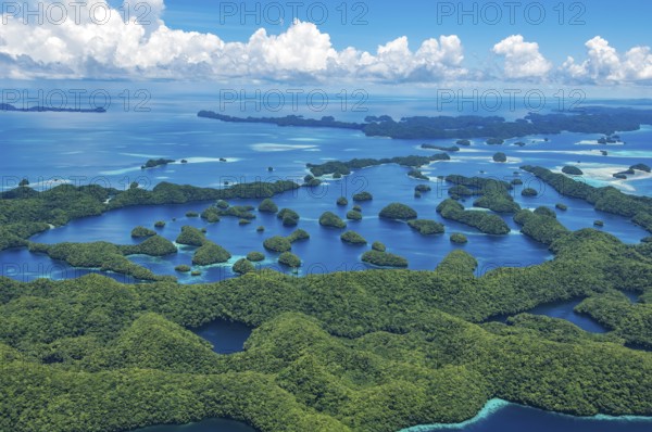 Aerial view of 70 Rock Islands green islands in island paradise island state Palau in the Pacific West Pacific, in the background white clouds Cumulus, Republic of Palau, Micronesia, Australia, Oceania