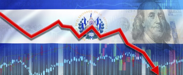 Crisis and financial fall of El Salvador in economic graph, economic collapse. Financial fall of the economy of El Salvador