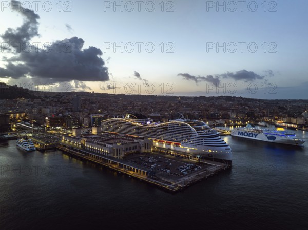 Naples Ferry Terminal at night from a drone, Molo Immacolatella Vecchia, Naples, Campania, Italy, Europe