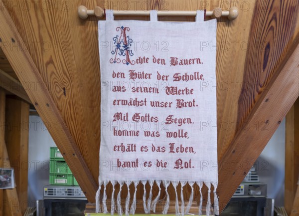 Saying of the millers in the organic shop in the former Frohnhofer Kornmühle, Frohnhof, Middle Franconia, Bavaria, Germany, Europe