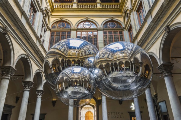 Palazzo Strozzi, courtyard, spheres, reflection, architecture, installation, travel, tourism, culture, Florence, Italy, Europe