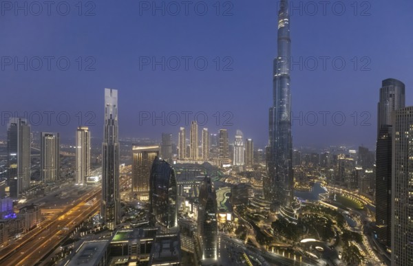 UAE, Dubai panoramic skyline view of city downtown and business district.