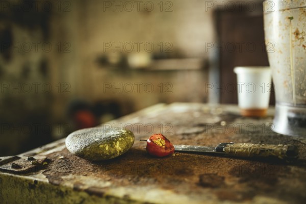 Knife, stone and chilli pepper in a kitchen in a dwelling in Petare, Venezuela, South America