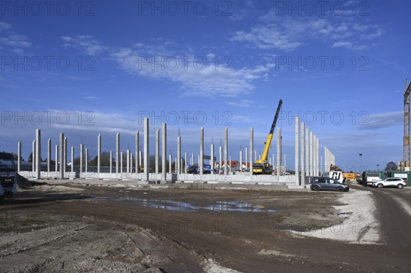 Construction of a large warehouse with prefabricated elements in a vegetable growing area, Nuremberg, Middle Franconia, Bavaria, Germany, Europe