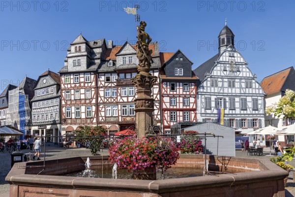 Kump, medieval market fountain, fountain figure market fountain man with market flag, sandstone sculpture, geraniums, decor, row of houses, half-timbered houses Gasthaus Zum Goldenen Löwen and Old Town Hall, market square, market, pedestrian zone, historic old town, Butzbach, Wetterau, Hesse, Germany, Europe