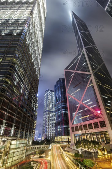 Hong Kong at night traffic with skyscrapers in Central district in Hong Kong, China, Asia