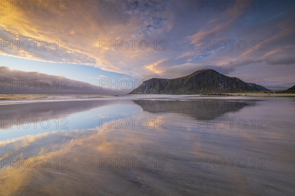Sunset on the beach at Skagsanden, Flakstad, Lofoten, Norway, Europe