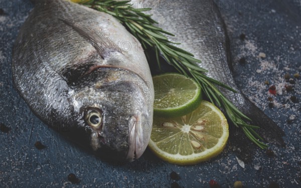 Fresh, raw dorado fish, on a dark blue background, top view, two pieces, no people