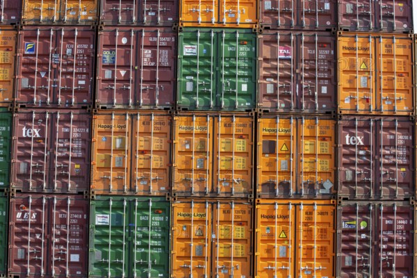 February 2024: Stack of shipping containers in the port of Mannheim, Baden-Württemberg