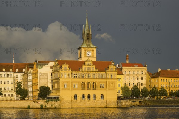 Bedrich Smetana Museum in the former waterworks, behind it the Old Town Water Tower, Smetana Quay, Old Town, Prague, Bohemia, Czech Republic, Czech Republic, Europe
