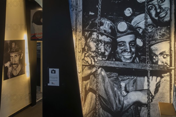 Coal miners' picture in the Mijnmuseum, coal mine museum at be-MINE in the city Beringen, Koersel, province of Limburg, Flanders, Belgium, Europe