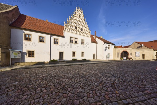 Museum Mühlberg 1547, Façade with gable and blue sky, Klosterstra0e, Mühlberg Elbe, Elbe-Elster district, Brandenburg, Germany, Europe