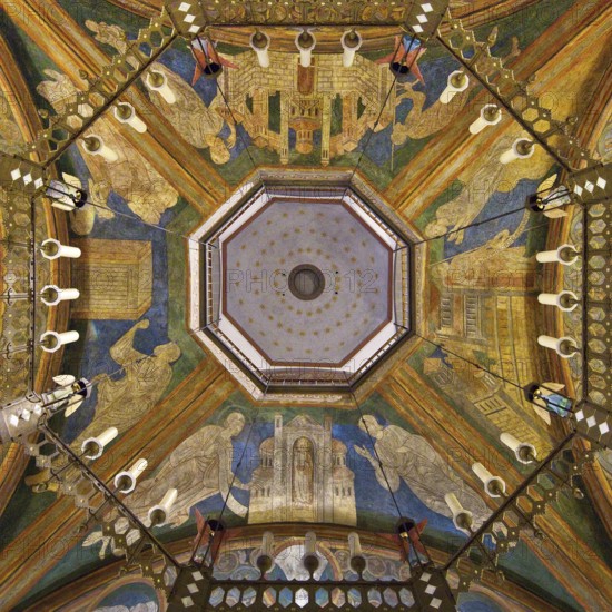 St. Maria and Clemens, view from the lower church through the opening to the ceiling of the upper church, Bonn, North Rhine-Westphalia, Germany, Europe