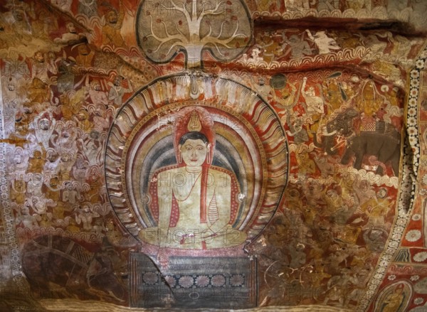 Ceiling fresco of a seated Buddha in the Dambulla cave temple, Dambulla, Central Province, Sri Lanka, Asia