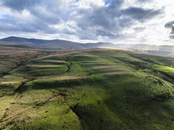 Farms over Black Mountain from a drone, Brecon Beacons National Park, Carmarthenshire, Wales, England, United Kingdom, Europe