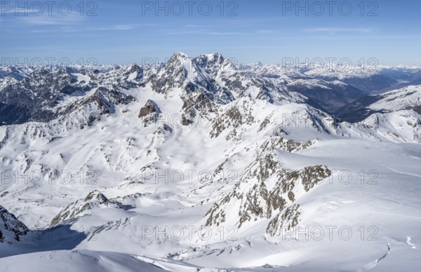 View from the summit of Monte Cevedale, mountain panorama with summit Königsspitze and Ortler, snow-covered mountain landscape in winter, Ortler Alps, Vinschgau Valley, Italy, Europe