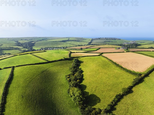 Farms and Fields over River Tamar Estuary from a drone, Cornwall, England, United Kingdom, Europe