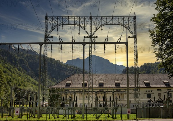 Power line at a small power station, Bad Tölz, Bavaria, Germany, Europe