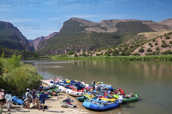 Dinosaur, Colorado, River rafters prepare to begin their trip through the Gates of Lodore on the Green River in Dinosaur National Monument