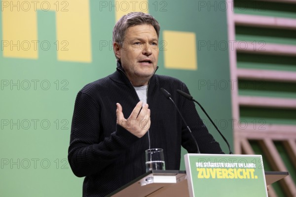 Berlin, Germany - 26 January 2025: Robert Habeck, Alliance 90/The Greens' candidate for Chancellor and Federal Minister for Economic Affairs and Climate Protection, speaks at his party's extraordinary federal delegates' conference in Berlin