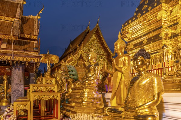 Buddha statues in the Buddhist temple complex Wat Phra That Doi Suthep, landmark of Chiang Mai at dusk, Thailand, Asia