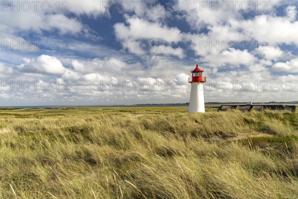 The List West lighthouse on the coast of the Ellenbogen peninsula, List, island of Sylt, district of North Friesland, Schleswig-Holstein, Germany, Europe