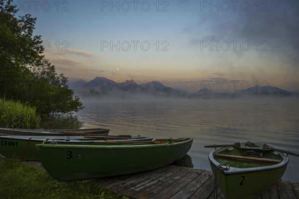 Morning atmosphere at full moon, Hopfensee, near Fuessen, Ostallgaeu, Allgaeu, Upper Swabia, Swabia, Bavaria, Germany, Europe