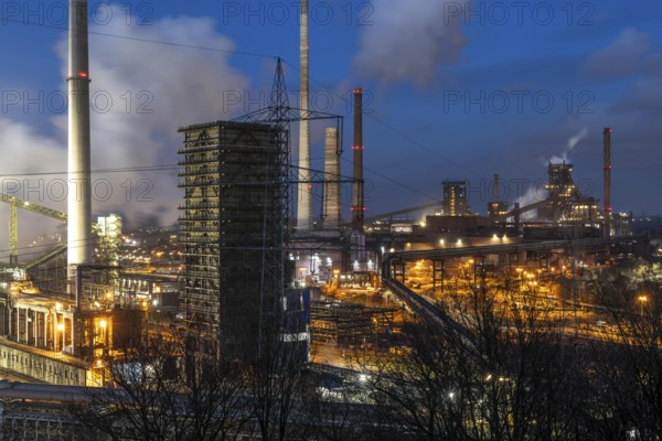 The Thyssenkrupp Steel steelworks in Duisburg-Marxloh, on the Rhine, quenching tower of the coking plant, blast furnaces 1 and 2, right, North Rhine-Westphalia, Germany, Europe