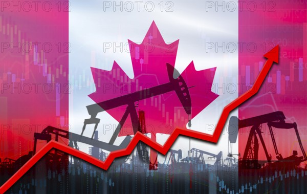 Oil pumps with Canada flag on economic graph. Oil production with Canada flag, petrol industry