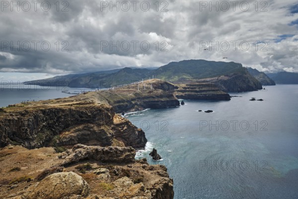 Madeira Island scenic rugged landscape view from Ponta do Sao Lourenco cape with seagulls flying. Madeira, Portugal, Europe