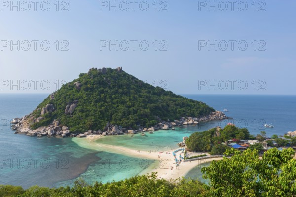 View of the holiday island Nang Yuan Island, island, tropical, tropics, holiday paradise, landscape, bathing holiday, bathing beach, dream holiday, exotic, coastal landscape, Asian, natural landscape, rock, natural paradise, sight, beautiful, natural, paradise, holiday paradise, seascape, summer, beautiful weather, climate, nature, coastline, ocean, sea, water, turquoise, beach holiday, panorama, snorkelling, paradisiacal, overview, beach, Koh Tao, Thailand, Asia