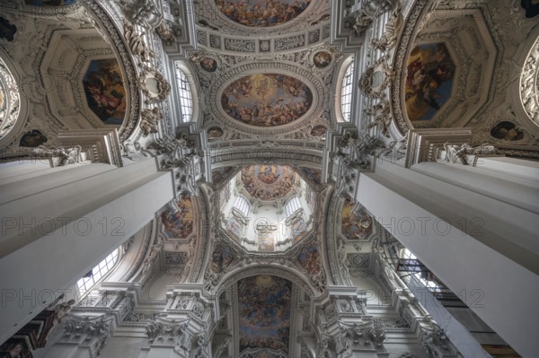 Baroque stucco and ceiling fresco created in the 17th century, Passau Cathedral, Passau, Lower Bavaria, Bavaria, Germany, Europe