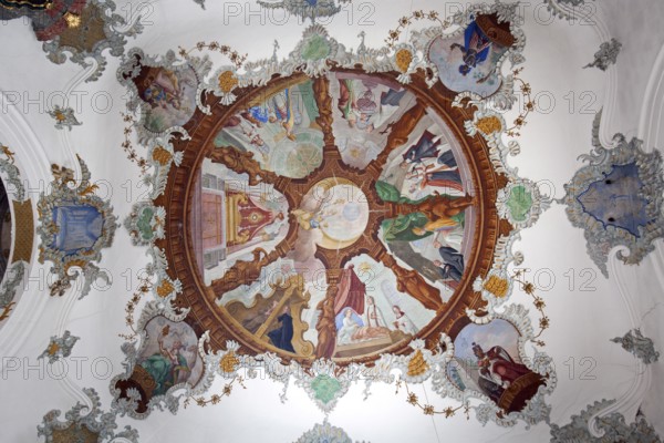 Church, baroque basilica St. Mang, interior view, ceiling fresco, Füssen, Ostallgäu, Bavaria Germany