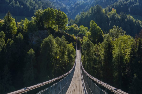 Suspension bridge in Ernen, hike, fear of heights, vertigo, courage, path, overcoming, therapy, evening light, Valais, Switzerland, Europe